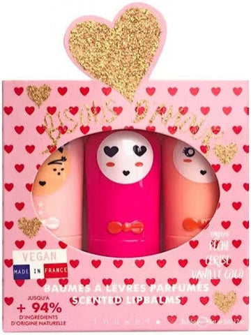 Trio baumes à lèvres Bisous d'amour (pêche - cerise - vanille coco)